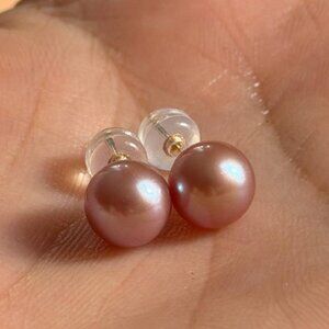18K Gold 8mm Natural Pink Pearl Stud Earrings Genuine Seawater Round Pink Pearls